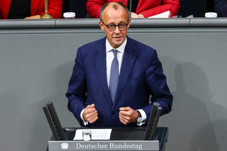 epa11718335 Chairman of the Christian Democratic Union (CDU) party and faction Friedrich Merz delivers a speech at the German Parliament Bundestag in Berlin, Germany, 13 November 2024. German Chancellor Scholz delivered a government statement on the current political situation. EPA/FILIP SINGER