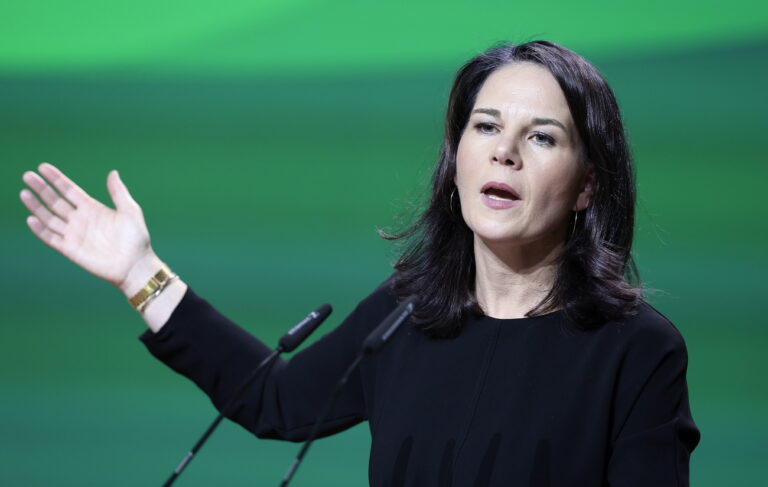 epa11723213 German Foreign Minister Annalena Baerbock speaks during a annual Federal Delegates Conference in Wiesbaden, Germany, 15 November 2024. The 50th annual Federal Delegates Conference 2024 of Green party (Die Gruenen) runs from 15 to 17 November 2024 in Wiesbaden. EPA/RONALD WITTEK