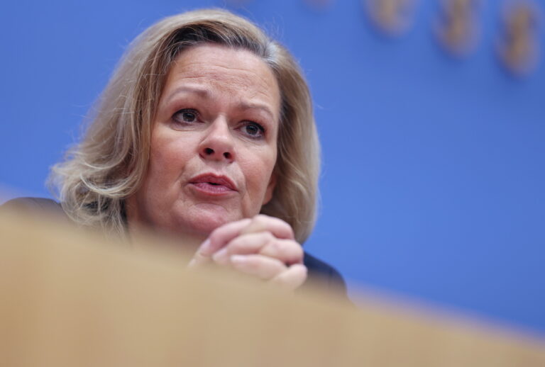 epa11728703 German Federal Minister of the Interior and Community Nancy Faeser attends a news conference to present a report on 'Gender-specific offences against women' in Berlin, Germany, 19 November 2024. According to the Federal Ministry of the Interior and Community, 52,330 women and girls were victims of sexual offenses in 2023, while half of these victims were minors. EPA/HANNIBAL HANSCHKE