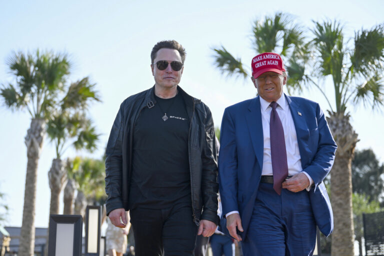 President-elect Donald Trump walks with Elon Musk before the launch of the sixth test flight of the SpaceX Starship rocket Tuesday, Nov. 19, 2024 in Boca Chica, Texas. (Brandon Bell/Pool via AP)