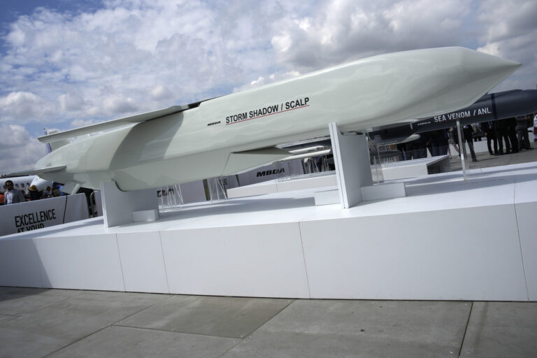 FILE - The Storm Shadow cruise missile is on display during the Paris Air Show in Le Bourget, north of Paris, France, on June 19, 2023. (AP Photo/Lewis Joly, File)