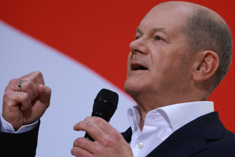 epa11739840 German Chancellor Olaf Scholz gestures during a press conference at the Social Democrats headquarters Willy-Brandt-Haus in Berlin, Germany, 25 November 2024. The Social Democratic Party (SPD) invited for a press conference after meetings of committees to discuss current issues and nominate the chancellor candidate for the upcoming German federal election 2025. EPA/CLEMENS BILAN