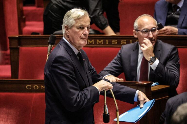 epa11741877 French Prime Minister Michel Barnier (L) arrives for a session of questions to the government at the French National Assembly, in Paris, France, 26 November 2024. The French National Assembly on 26 November will hold a debate and vote on the free trade agreement between the European Union and South American trade bloc Mercosur, which triggered nationwide protests by French farmers over the past week. EPA/TERESA SUAREZ