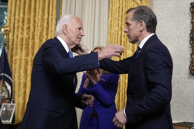 epa11752647 (FILE) - US President Joe Biden (L) hugs his son Hunter Biden after addressing the nation from the Oval Office of the White House in Washington, DC, USA, 24 July 2024. On 01 December 2024, US President Joe Biden announced an official pardon for his son Hunter, who is facing sentencing for criminal cases regarding taxes and gun possession. EPA/EVAN VUCCI / POOL