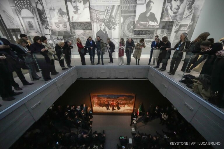 Culture Minister Alessandro Giuli speaks during the unveiling of Palazzo Citterio Museum, in Milan, Saturday, Dec. 7, 2024. (AP Photo/Luca Bruno)