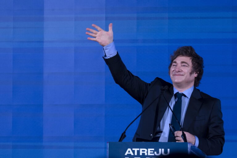 epa11777499 Argentina's President Javier Milei gestures as he attends the Atreju right-wing youth rally in Rome, Italy, 14 December 2024. The Argentine president is on an official visit to Rome. EPA/ANSA/MASSIMO PERCOSSI