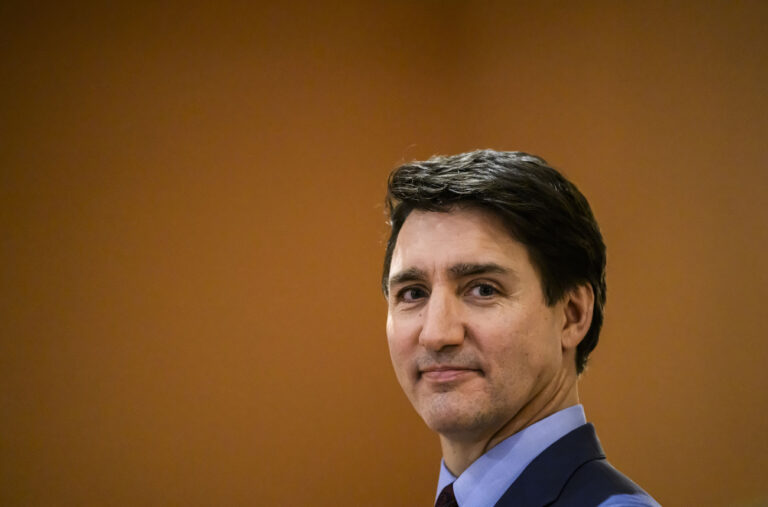 Canadian Prime Minister Justin Trudeau looks on at the start of a cabinet swearing in ceremony for Dominic LeBlanc, not shown, who will be sworn in as Finance Minister, at Rideau Hall in Ottawa, Ontario, Monday, Dec. 16, 2024. (Justin Tang/The Canadian Press via AP)