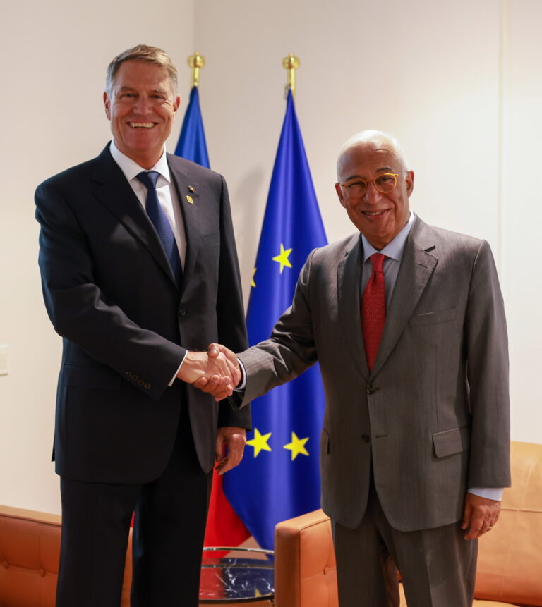 epa11783849 European Council President Antonio Costa (R) welcomes Romania's President Klaus Werner Iohannis (L) prior their bilateral meeting ahead of EU-Western Balkans Summit in Brussels, Belgium, 18 December 2024. EU and Western Balkans leaders are meeting in Brussels to discuss strengthening regional cooperation and partnerships. EPA/OLIVIER HOSLET