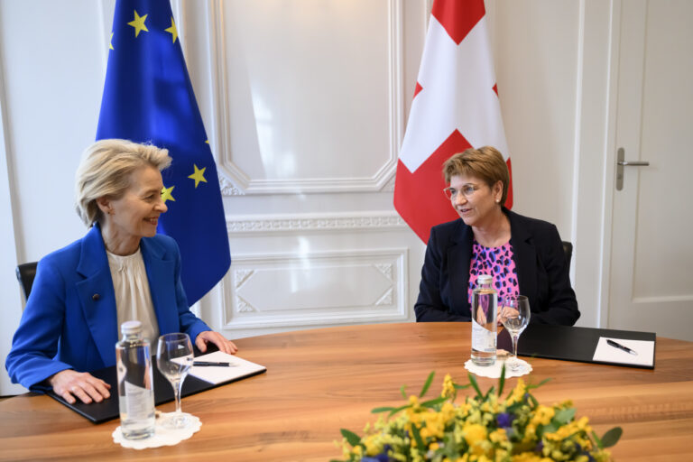 Swiss Federal President Viola Amherd, right, speaks with European Commission President Ursula von der Leyen, left, during a bilateral meeting on Friday, December 20, 2024 in Bern, Switzerland. Van der Leyen pays an official visit to Switzerland to formally mark the conclusion of the negotiations between the EU and Switzerland. (KEYSTONE/POOL/Alessandro della Valle)