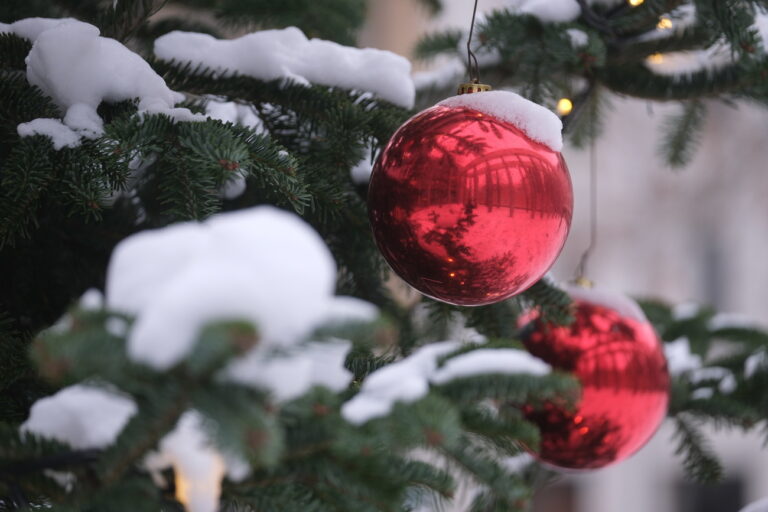 ARCHIV - 04.12.2023, Sachsen, Leipzig: Eine schneebedeckte Kugel an einem Weihnachtsbaum. Ob wir in diesem Jahr weiße Weihnachten erleben, ist ungewiss. (zu dpa: «Winterliche Weihnacht im sächsischen Bergland») Foto: Sebastian Willnow/dpa +++ dpa-Bildfunk +++ (KEYSTONE/DPA/Sebastian Willnow)