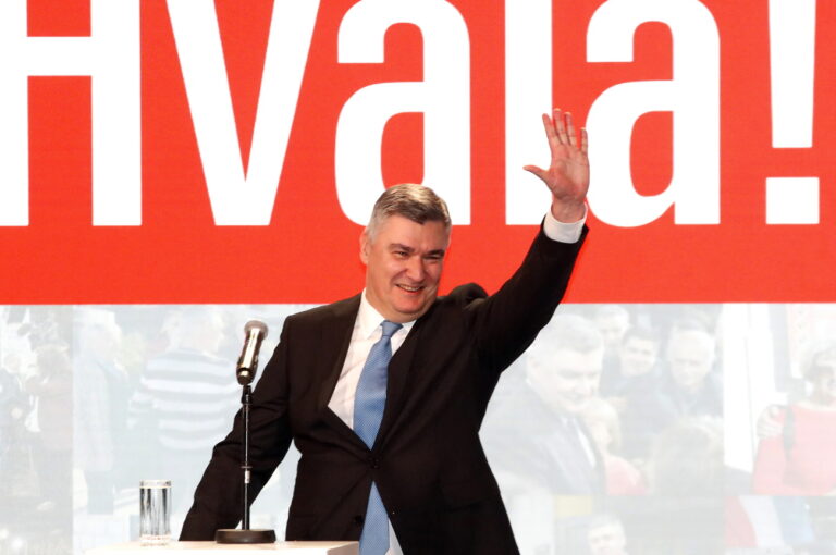 epa11820840 Croatian incumbent President and presidential candidate Zoran Milanovic gestures at a post-election event following the second round of the presidential elections in Zagreb, Croatia, 12 January 2025. According to the initial provisional results from the State Election Commission, Milanovic won another term in office, defeating his opponent Dragan Primorac. EPA/ANTONIO BAT