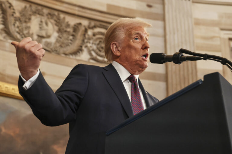 President Donald Trump speaks during the 60th Presidential Inauguration in the Rotunda of the U.S. Capitol in Washington, Monday, Jan. 20, 2025. (Chip Somodevilla/Pool Photo via AP)