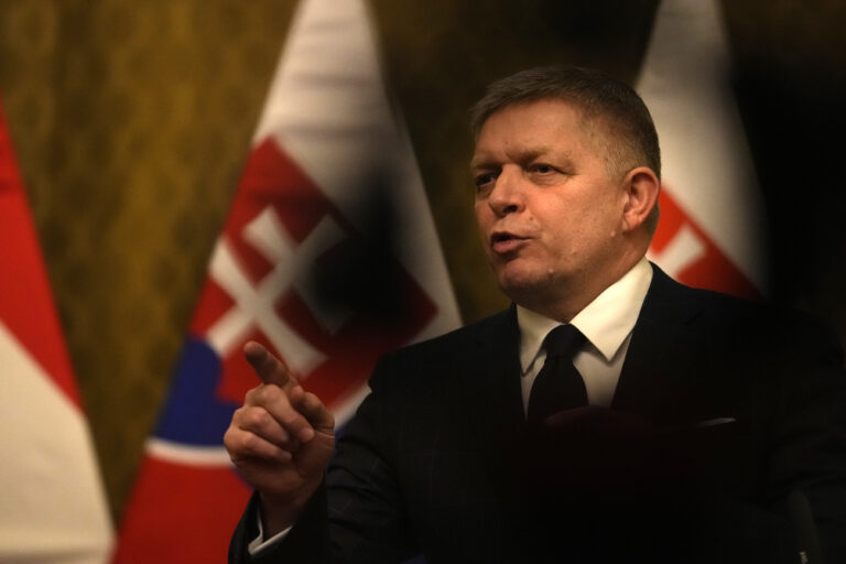 Slovakia's Prime Minister Robert Fico addresses the media during a meeting with his Hungarian counterpart Viktor Orban in Bratislava, Slovakia, Tuesday, Jan. 21, 2025. (AP Photo/Petr David Josek)