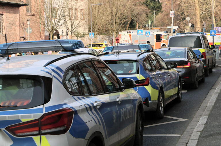 22.01.2025, Bayern, Aschaffenburg: Einige Polizeifahrzeuge und Rettungswagen stehen in der Nähe eines Tatortes vor einem Park. Bei einer Gewalttat in einem Park sind nach ersten Erkenntnissen mehrere Menschen mutmaßlich durch eine Stichwaffe schwer verletzt worden. Foto: Ralf Hettler/dpa +++ dpa-Bildfunk +++ (KEYSTONE/DPA/Ralf Hettler)