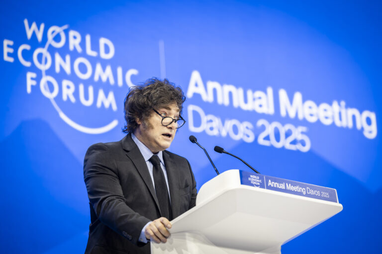 Javier Milei, President of Argentina speaks during a panel session during the 55th annual meeting of the World Economic Forum, WEF, in Davos, Switzerland, Thursday, January 23, 2025. (KEYSTONE/Michael Buholzer)