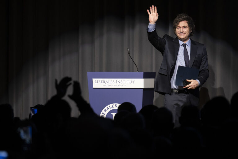 Argentina's President Javier Milei speaks after receiving this year's Roepke Prize for Civil Society of the Liberal Institute at the Congress centre in Kloten, Switzerland, Friday 24, 2025. (KEYSTONE/Ennio Leanza)