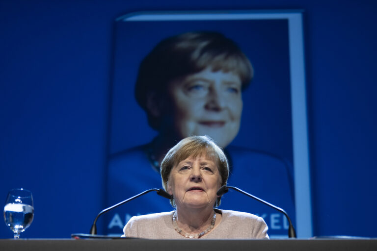 Former German Chancellor Angela Merkel speaks at the presentation of her book ?Freiheit. Memories 1954 - 2021? at the Volkshaus in Zurich, Switzerland, Monday 27, 2025. (KEYSTONE/Ennio Leanza)