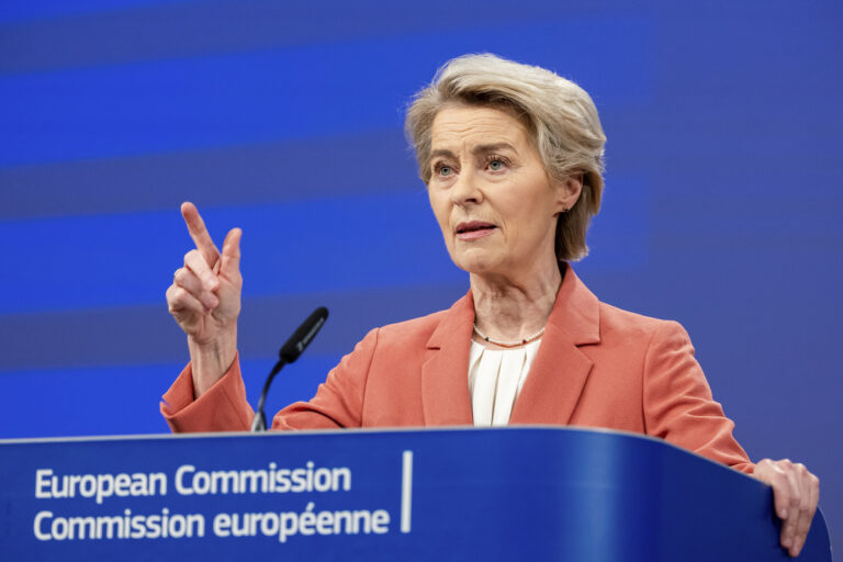 European Commission President Ursula von der Leyen addresses the media on the the EU Commission's Competitiveness Compass at EU headquarters in Brussels, Belgium, Wednesday, Jan. 29, 2025. (AP Photo/Geert Vanden Wijngaert)