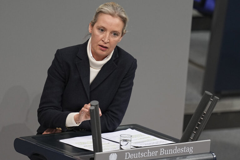 29.01.2025, Berlin: Alice Weidel, Co-Vorsitzende der AfD-Bundestagsfraktion, spricht während der Debatte im Anschluss an eine Regierungserklärung des Bundeskanzlers. Der Bundeskanzler hatte Stellung zu aktuellen innenpolitischen Themen wie dem Messerangriff in Aschaffenburg Stellung genommen. (zu dpa: «Weidel: Union kopiert AfD-Forderungen») Foto: Michael Kappeler/dpa +++ dpa-Bildfunk +++ (KEYSTONE/DPA/Michael Kappeler)