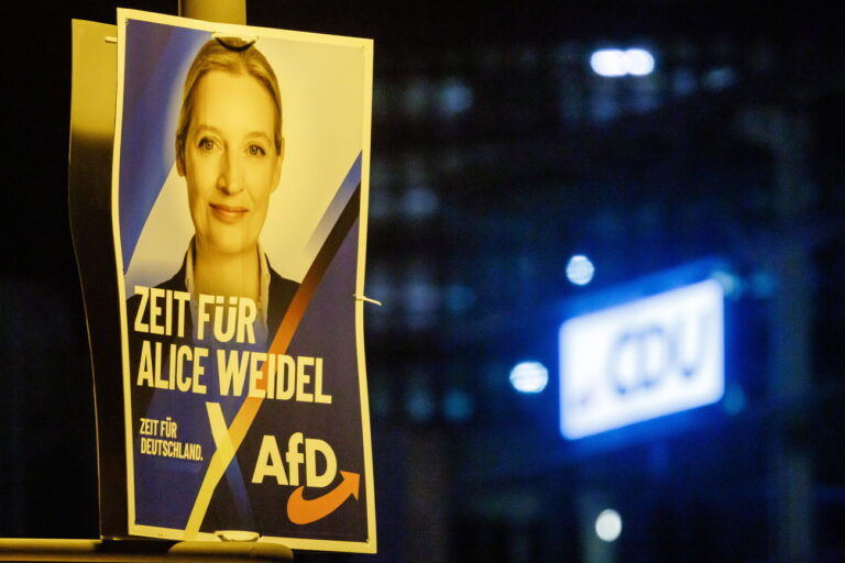 epa11861274 A campaigning poster that shows top candidate for the German federal parliamentary elections, Alternative for Germany (AfD) party and faction co-chairwoman and Alice Weidel, in front of the CDU logo at the Christian Democratic Union (CDU) party's headquarters in Berlin, Germany, 29 January 2025. A motion from the Christian Democratic Union (CDU) secured a majority in the German parliament Bundestag, with support from the far-right Alternative for Germany (AfD) party. This represents a crack of the CDU's previous stance of maintaining a so-called 'firewall' against collaboration with the far-right party. EPA/CLEMENS BILAN