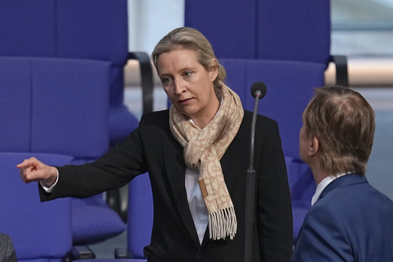 31.01.2025, Berlin: Alice Weidel, Co-Vorsitzende der AfD-Bundestagsfraktion, und Bernd Baumann (r), Erster parlamentarischer Geschäftsführer der AfD, kommen in den Plenarsaal im Bundestag. Die Themen der 211. Bundestagssitzung sind das 