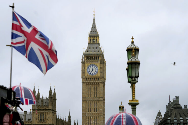 A Union flag flies near Big Ben in London, Friday, Jan. 31, 2025, on the 5th anniversary after the U.K. officially left the European Union. (AP Photo/Kirsty Wigglesworth)