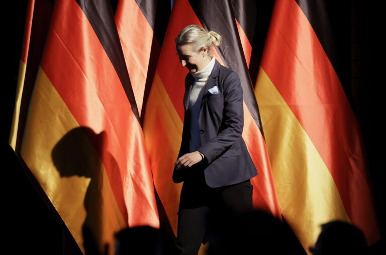 epa11868704 Alternative for Germany (AfD) party and faction co-chairwoman and top candidate for the federal election Alice Weidel arrives to deliver a speech during an election campaign event in Neu-Isenburg, Germany, 01 February 2025. Germany will hold early federal elections on 23 February 2025. Slogan reads 'Chancellor of the hearts.' EPA/RONALD WITTEK