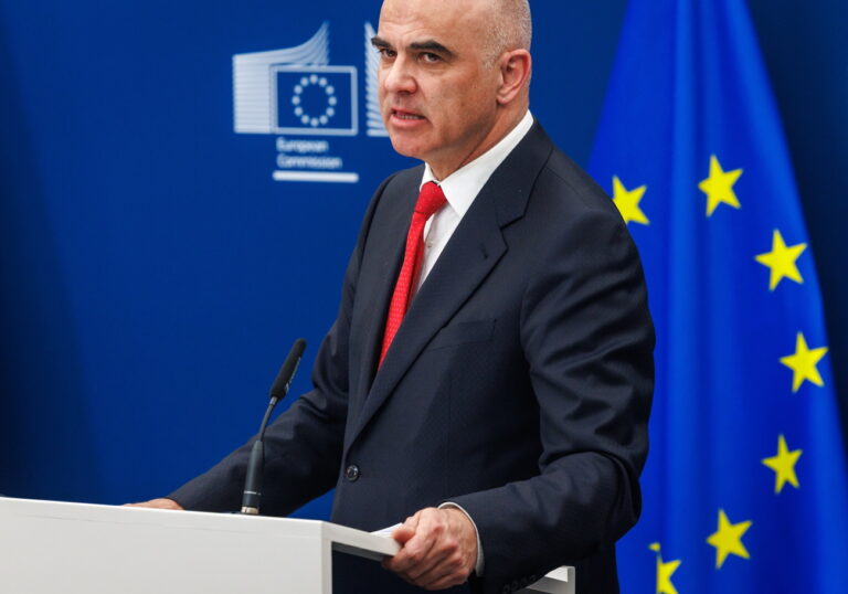 epa11875073 Secretary-General of the Council of Europe Alain Berset speaks during a press conference upon the 13th meeting of the Core Group on the Establishment of a Special Tribunal for the Crime of Aggression Against Ukraine, at the European Commission in Brussels, Belgium, 04 February 2025. EPA/OLIVIER MATTHYS