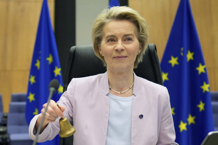 European Commission President Ursula von der Leyen rings a bell to signify the start of the weekly College of Commissioners meeting at EU headquarters in Brussels, Wednesday, Feb. 5, 2025. (AP Photo/Virginia Mayo)