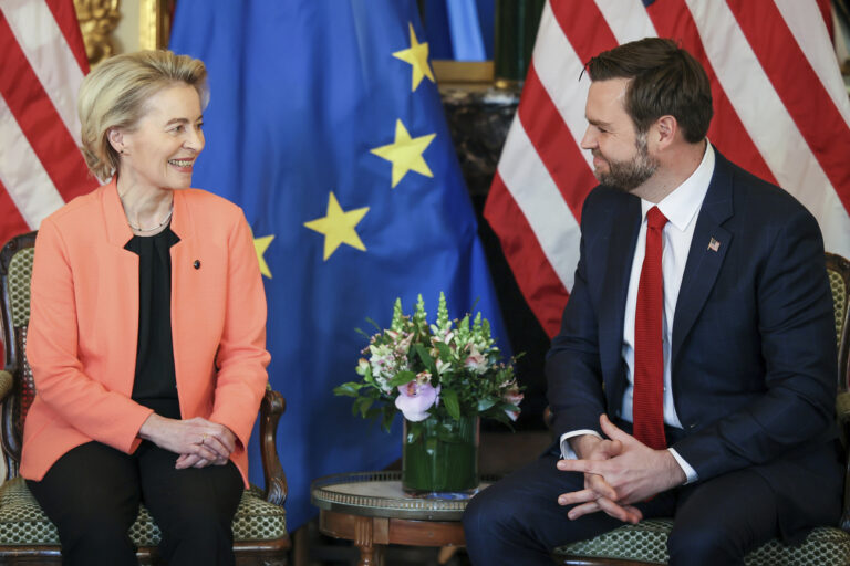 United States Vice-President JD Vance, right, meets with European Commission President Ursula von der Leyen during a bilateral meeting on the sidelines of the Artificial Intelligence Action Summit in Paris, Tuesday, Feb. 11, 2025. (AP Photo/Thomas Padilla)