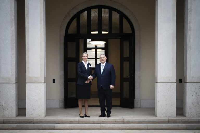 epa11890136 A handout photo made available by the Hungarian PM's Press Office, shows Hungarian Prime Minister and leader of the ruling Fidesz party Viktor Orban welcoming co-chair and chancellor-designate of the Alternative for Germany (AfD) party Alice Weidel at the government headquarters in Budapest, Hungary, 12 February 2025. EPA/Hungarian PM's Press Office/Vivien Cher Benko HUNGARY OUTHANDOUT EDITORIAL USE ONLY/NO SALES