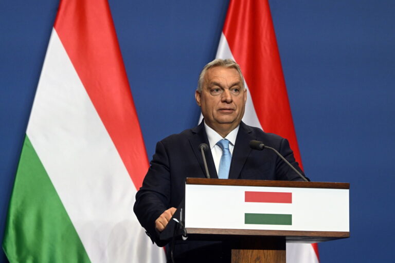 epa11890379 Hungarian Prime Minister and leader of the ruling Fidesz party Viktor Orban attends a press conference following a meeting with Co-chairwoman and chancellor candidate of the Alternative for Germany (AfD) party Alice Weidel in the government headquarters in Budapest, Hungary, 12 February 2025. EPA/SZILARD KOSZTICSAK HUNGARY OUT