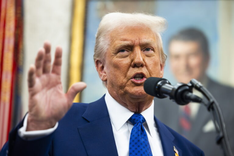 epa11891822 US President Donald Trump speaks to the media in the Oval Office of the White House in Washington, DC, USA, 12 February 2025. Trump spoke after the swearing in of his nominee for Director of National Intelligence Tulsi Gabbard. EPA/JIM LO SCALZO / POOL