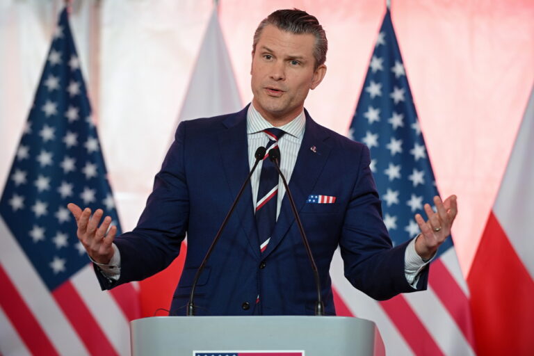 epa11895279 US Secretary of Defence Pete Hegseth attends a joint press conference with the Polish defence minister after their meeting at the Defence Ministry headquarters in Warsaw, Poland, 14 February 2025. EPA/Marcin Obara POLAND OUT