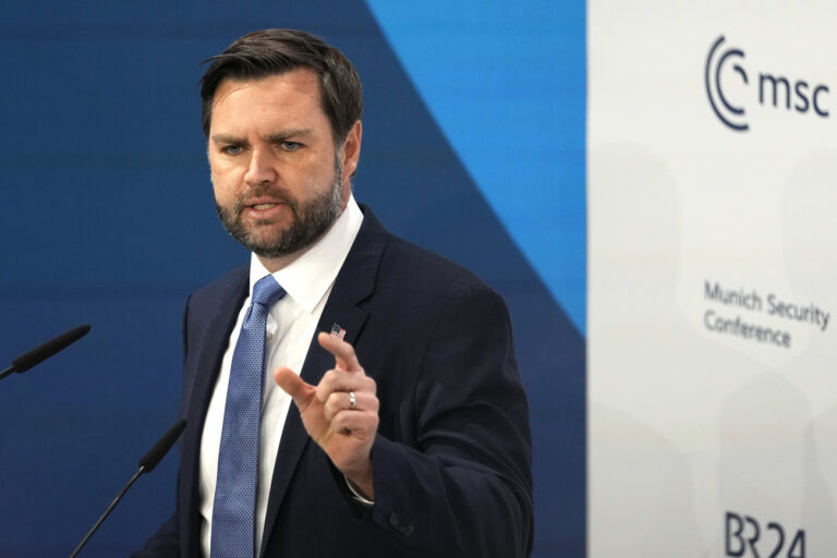 United States Vice-President JD Vance addresses the audience during the Munich Security Conference at the Bayerischer Hof Hotel in Munich, Germany, Friday, Feb. 14, 2025. (AP Photo/Matthias Schrader)