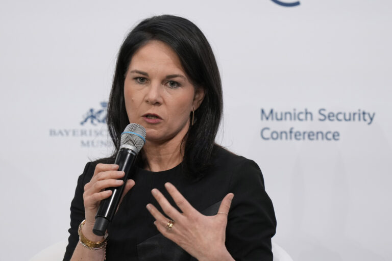 Germany's Foreign Minister Annalena Baerbock speaks during a panel discussion for the Munich Security Conference at the Bayerischer Hof Hotel in Munich, Germany, Saturday, Feb. 15, 2025. (AP Photo/Matthias Schrader)