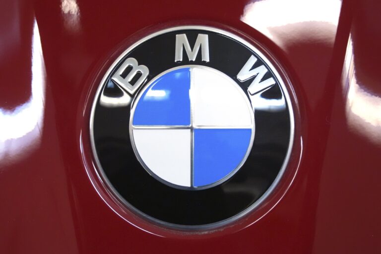 This the BMW logo on a BMW M5 automobile on display at the Pittsburgh International Auto Show in Pittsburgh, Feb. 14, 2025. (AP Photo/Gene J. Puskar)