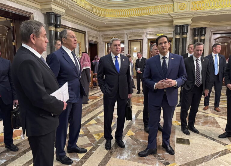 epa11904428 A handout photo made available by the Russian Foreign Ministry Press Service shows Russian Foreign Minister Sergey Lavrov (2-L) and Russian presidential aide Yury Ushakov (2-R) speaking with U.S. Secretary of State Marco Rubio (R), U.S. National Security Advisor Mike Waltz (L), and U.S. Middle East envoy Steve Witkoff (R) after their meeting at Diriyah Palace in Riyadh, Saudi Arabia, 18 February 2025. The agenda of the meeting of the Russian presidential aide Yuri Ushakov, Russian Foreign Minister Sergey Lavrov with American officials in Riyadh on 18 February is devoted to the restoration of the entire range of bilateral relations, as well as the preparation of possible negotiations on the Ukrainian settlement, the Kremlin reported. EPA/RUSSIAN FOREIGN MINISTRY PRESS SERVICE HANDOUT HANDOUT EDITORIAL USE ONLY/NO SALES