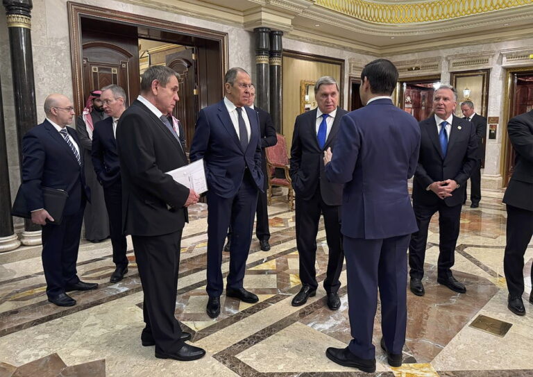 epa11904427 A handout photo made available by the Russian Foreign Ministry Press Service shows Russian Foreign Minister Sergey Lavrov (4-L) and Russian presidential aide Yury Ushakov (C) speak with U.S. Secretary of State Marco Rubio (2-R), U.S. National Security Advisor Mike Waltz (2-L), and U.S. Middle East envoy Steve Witkoff (R) after their meeting at Diriyah Palace in Riyadh, Saudi Arabia, 18 February 2025. The agenda of the meeting of the Russian presidential aide Yuri Ushakov, Russian Foreign Minister Sergey Lavrov with American officials in Riyadh on 18 February is devoted to the restoration of the entire range of bilateral relations, as well as the preparation of possible negotiations on the Ukrainian settlement, the Kremlin reported. EPA/RUSSIAN FOREIGN MINISTRY PRESS SERVICE HANDOUT HANDOUT EDITORIAL USE ONLY/NO SALESHANDOUT EDITORIAL USE ONLY/NO SALES