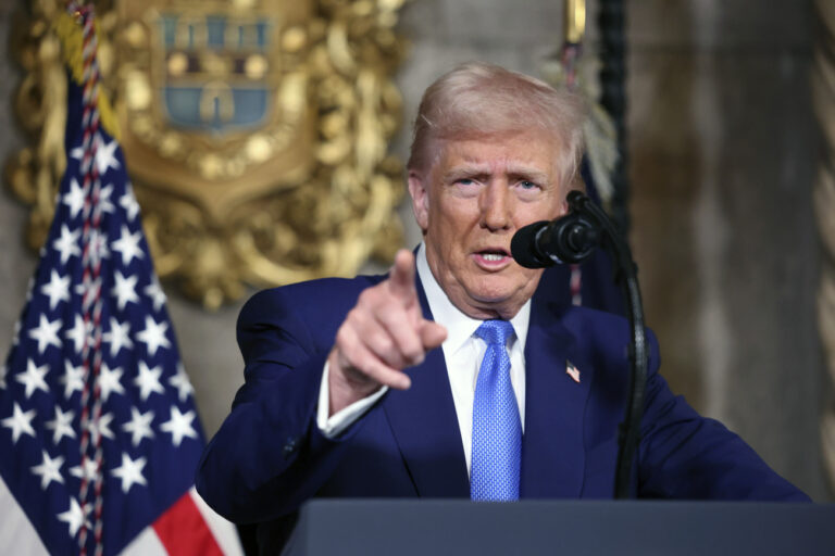 President Donald Trump speaks to the media at Mar-a-Lago, Tuesday, Feb. 18, 2025, in Palm Beach, Fla. (Pool photo via AP)