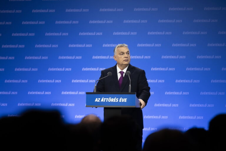 epa11915694 A handout photo made available by the Hungarian PM's Press Office shows Hungarian Prime Minister and leader of the ruling Fidesz party Viktor Orban delivering his annual State of the Nation address in Varkert Bazaar conference hall in Budapest, Hungary, 22 February 2025. The slogan inscribed on the lectern reads: 'Year of Breakthrough.' EPA/VIVIEN CHER BENKO / HANDOUT HUNGARY OUTHANDOUT EDITORIAL USE ONLY/NO SALES