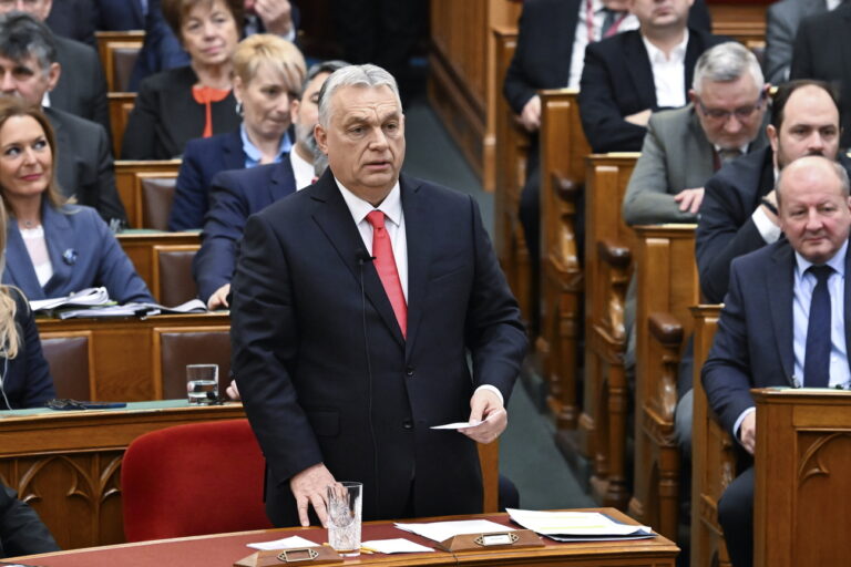 epa11921741 Hungarian Prime Minister Viktor Orban responds to the speeches of parliamentary faction leaders at the start of the spring session of the National Assembly in Budapest, Hungary, 24 February 2025. EPA/ZOLTAN MATHE HUNGARY OUT