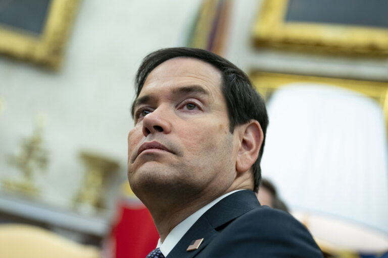 epa11922262 US Secretary of State Marco Rubio looks on while President Donald Trump meets with President of France Emmanuel Macron in the Oval Office at the White House in Washington, DC, USA, 24 February 2025. EPA/BONNIE CASH / POOL