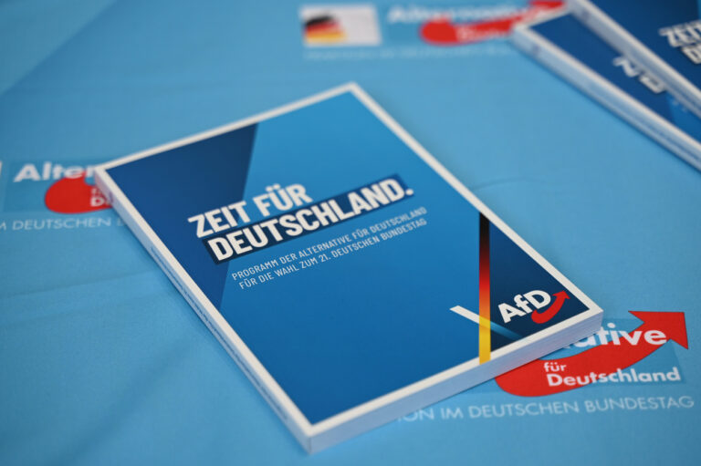 25.02.2025, Berlin: Das Programm der AfD liegt zu Beginn der konstituierenden Sitzung der AfD-Fraktion im Deutschen Bundestag aus. Nach der Bundestagswahl kommen die Bundestagsfraktionen zu Sitzungen zusammen. Foto: Elisa Schu/dpa +++ dpa-Bildfunk +++ (KEYSTONE/DPA/Bernd von Jutrczenka)