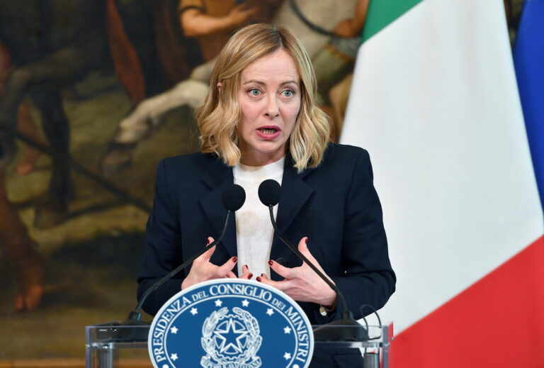 epa11925697 Italian Prime Minister Giorgia Meloni speaks during a press conference with Swedish Prime Minister Ulf Kristersson (not pictured) following their meeting at the Chigi Palace in Rome, Italy, 26 February 2025. EPA/FABIO CIMAGLIA