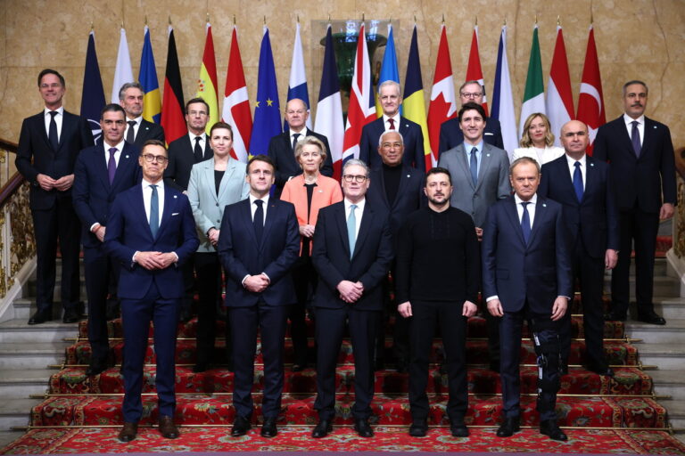 KEYPIX -epa11935062 (L-R, front row) Finnish President Alexander Stubb, French President Emmanuel Macron, British Prime Minister Keir Starmer, Ukrainian President Volodymyr Zelensky, Polish Prime Minister Donald Tusk, (L-R, second row) Spain's Prime Minister Pedro Sanchez, Danish Prime Minister Mette Frederiksen, President of the European Commission Ursula Von der Leyen, President of the European Council Antonio Costa, Canadian Prime Minister Justin Trudeau, Romania's interim President Ilie Bolojan, (L-R, third row) NATO Secretary General Mark Rutte, Dutch Prime Minister Dick Schoof, Swedish Prime Minister Ulf Kristersson, German Chancellor Olaf Scholz, Norwegian Prime Minister Jonas Gahr Store, Prime Minister of the Czech Republic Petr Fiala, Italy's Prime Minister Giorgia Meloni and Turkish Foreign Minister Hakan Fidan, pose for a family photo ahead of the plenary meeting during a summit on Ukraine, at Lancaster House in London, Britain, 02 March 2025. Starmer is hosting a summit of European leaders in London to discuss the ongoing war in Ukraine. EPA/NEIL HALL/POOL