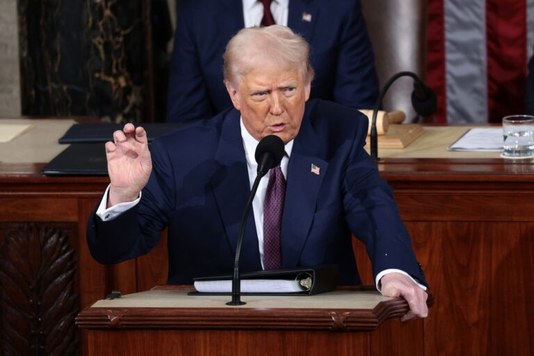 epa11941219 US President Donald Trump addresses a joint session of the United States Congress in the House Chamber of the US Capitol in Washington, DC, USA, 04 March 2025. EPA/SHAWN THEW