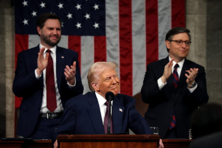 KEYPIX - epa11941336 US President Donald Trump (C) addresses a joint session of the United States Congress at the US Capitol in Washington, DC, USA, on 04 March 2025. Also pictured are US Vice President JD Vance (L) and US Speaker of the House Mike Johnson. EPA/WIN MCNAMEE / POOL