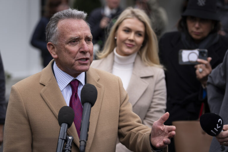 Steve Witkoff, White House special envoy for the Middle East, center, accompanied by White House press secretary Karoline Leavitt, right, speaks with reporters at the White House in Washington, Thursday, March 6, 2025. (AP Photo/Ben Curtis)