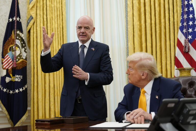 epa11947896 FIFA President Gianni Infantino (L) makes remarks as he meets United States President Donald J Trump who will sign an Executive Order setting up a task force on the World Cup in the Oval Office of the White House in Washington, DC, USA, 07 March 2025. EPA/CHRIS KLEPONIS / POOL